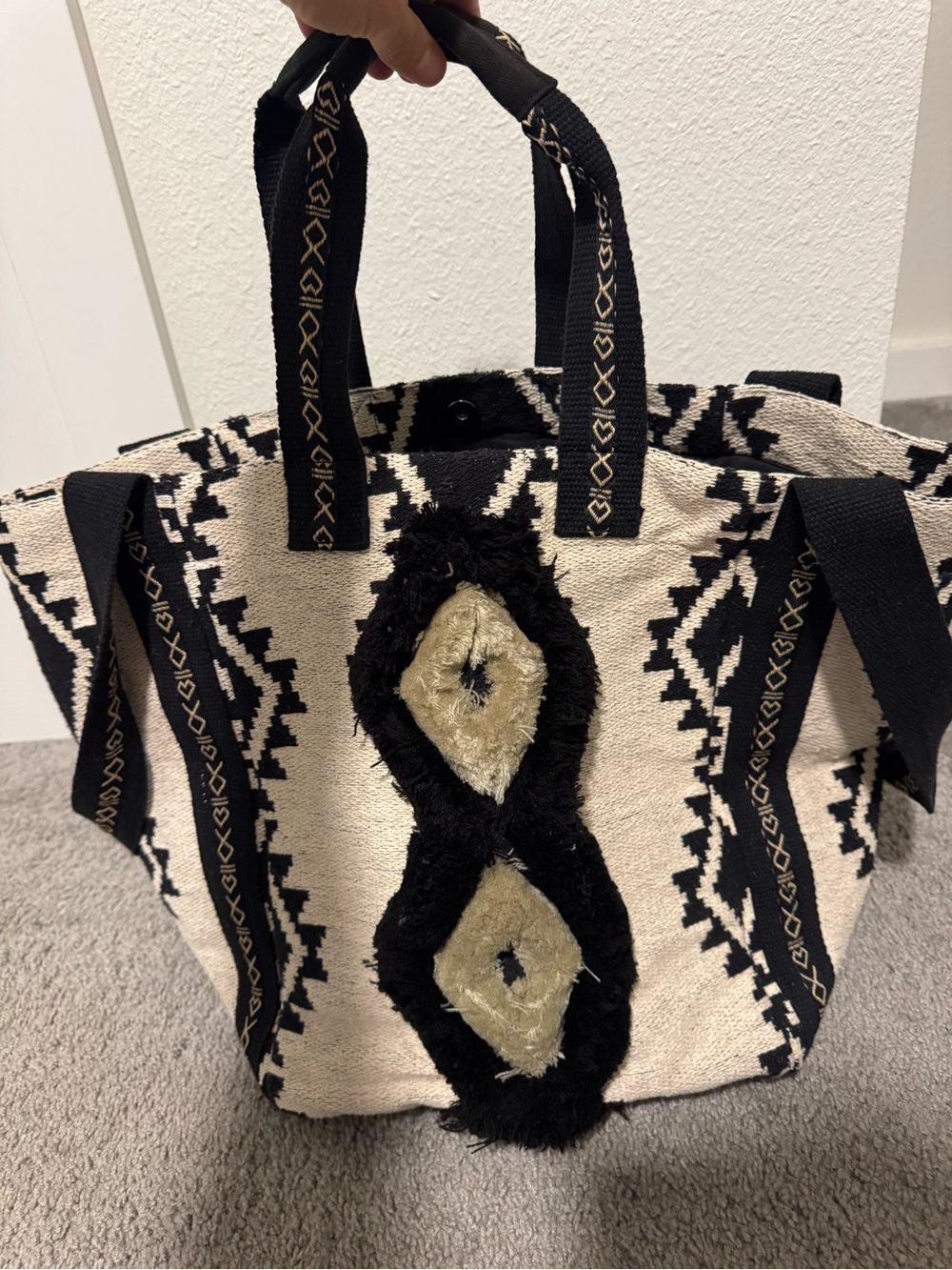 Black & Cream Geometric Woven Tote Bag